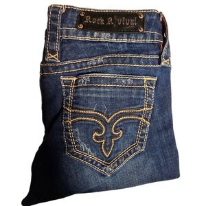 Rock Revival Womens Janet Boot/cut Jeans DarkWash Fleur De Lis Distressed  S 29
